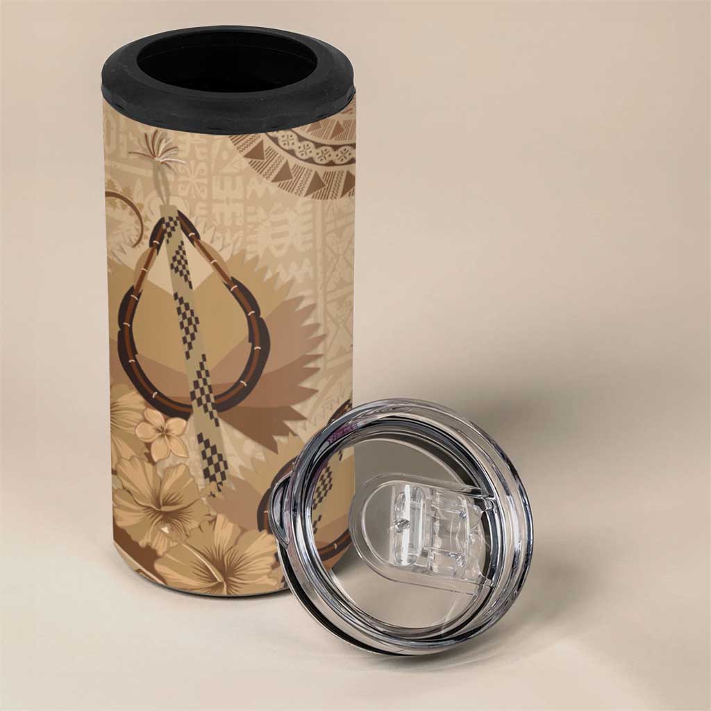 Brown Bula Fiji 4 in 1 Can Cooler Tumbler Fijian Dance Fan Tapa Cloth Pattern