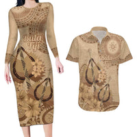 Brown Bula Fiji Couples Matching Long Sleeve Bodycon Dress and Hawaiian Shirt Fijian Dance Fan Tapa Cloth Pattern LT14 Brown - Polynesian Pride