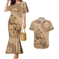 Brown Bula Fiji Couples Matching Mermaid Dress and Hawaiian Shirt Fijian Dance Fan Tapa Cloth Pattern LT14 Brown - Polynesian Pride