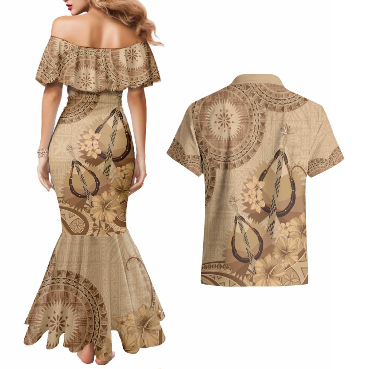 Brown Bula Fiji Couples Matching Mermaid Dress and Hawaiian Shirt Fijian Dance Fan Tapa Cloth Pattern LT14 - Polynesian Pride
