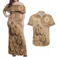 Brown Bula Fiji Couples Matching Off Shoulder Maxi Dress and Hawaiian Shirt Fijian Dance Fan Tapa Cloth Pattern