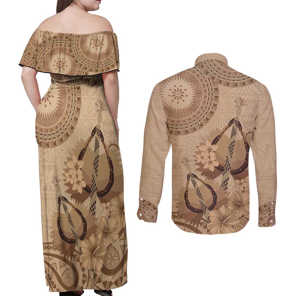 Brown Bula Fiji Couples Matching Off Shoulder Maxi Dress and Long Sleeve Button Shirt Fijian Dance Fan Tapa Cloth Pattern