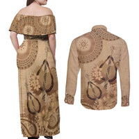 Brown Bula Fiji Couples Matching Off Shoulder Maxi Dress and Long Sleeve Button Shirt Fijian Dance Fan Tapa Cloth Pattern