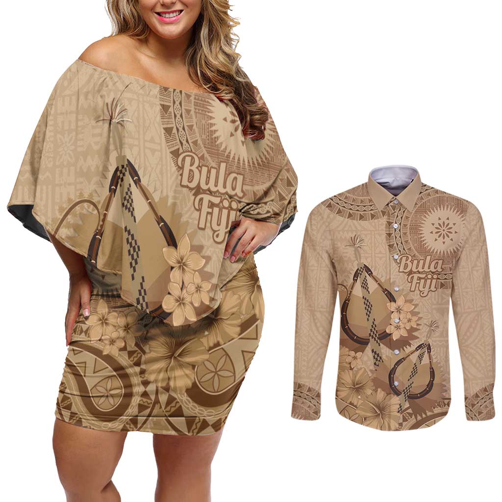 Brown Bula Fiji Couples Matching Off Shoulder Short Dress and Long Sleeve Button Shirt Fijian Dance Fan Tapa Cloth Pattern