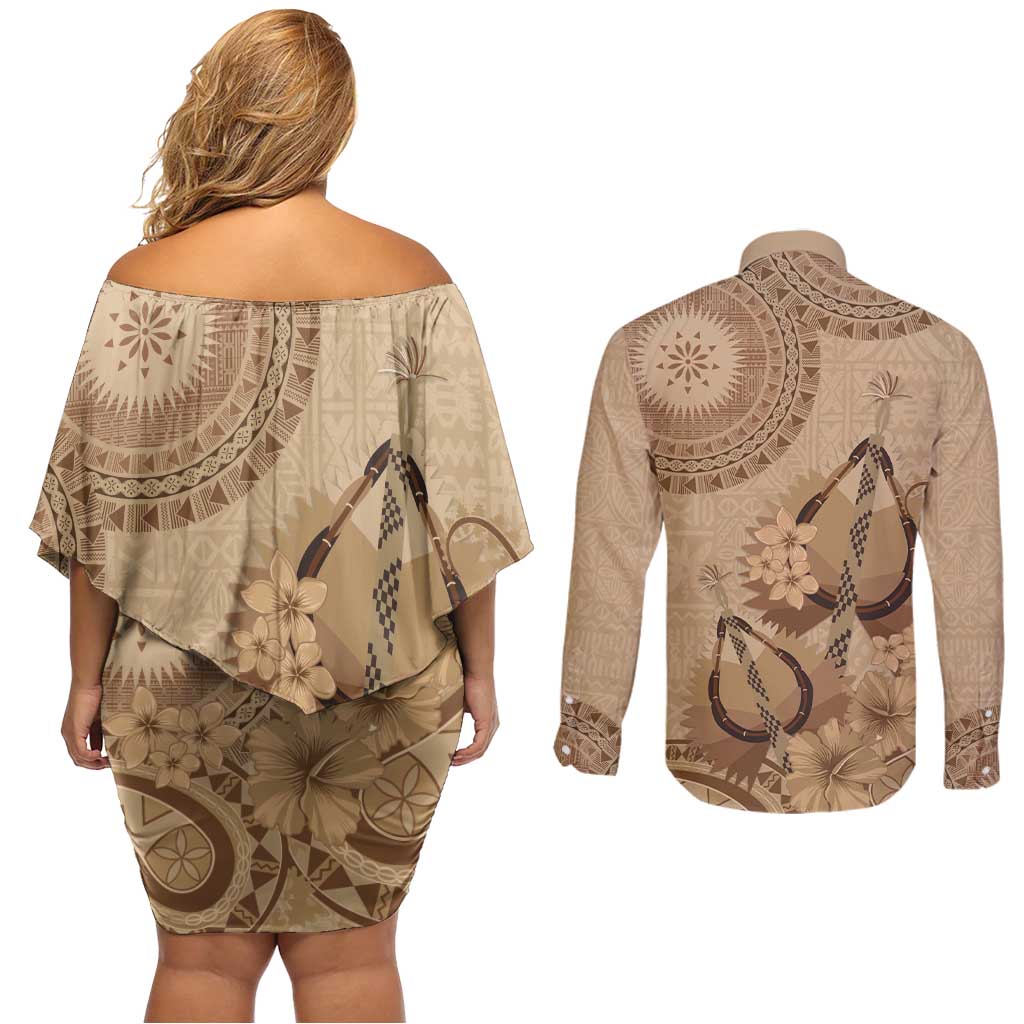 Brown Bula Fiji Couples Matching Off Shoulder Short Dress and Long Sleeve Button Shirt Fijian Dance Fan Tapa Cloth Pattern