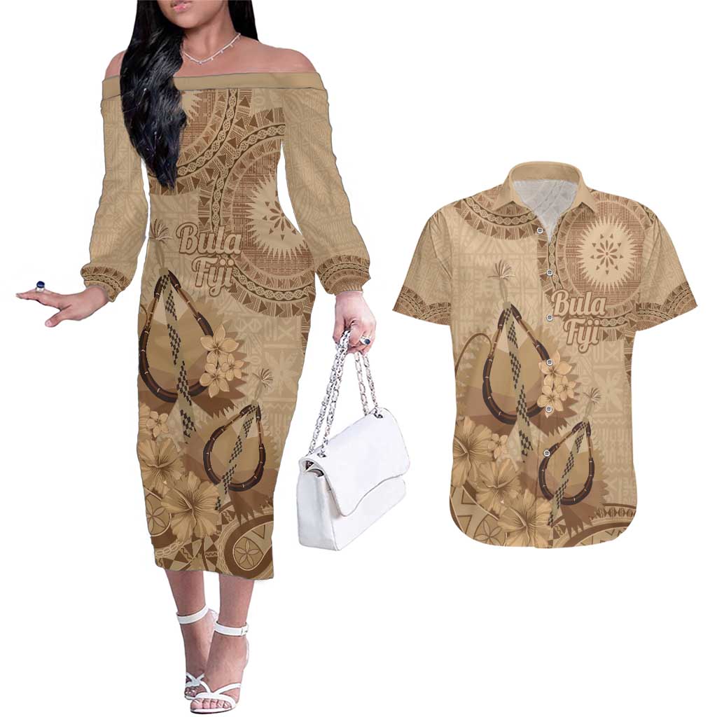 Brown Bula Fiji Couples Matching Off The Shoulder Long Sleeve Dress and Hawaiian Shirt Fijian Dance Fan Tapa Cloth Pattern LT14 Brown - Polynesian Pride