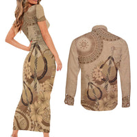 Brown Bula Fiji Couples Matching Short Sleeve Bodycon Dress and Long Sleeve Button Shirt Fijian Dance Fan Tapa Cloth Pattern