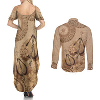 Brown Bula Fiji Couples Matching Summer Maxi Dress and Long Sleeve Button Shirt Fijian Dance Fan Tapa Cloth Pattern