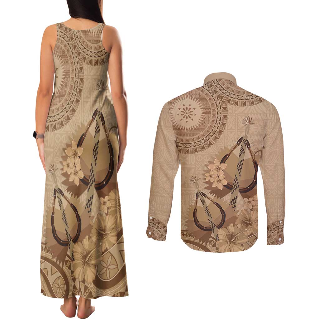 Brown Bula Fiji Couples Matching Tank Maxi Dress and Long Sleeve Button Shirt Fijian Dance Fan Tapa Cloth Pattern