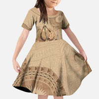 Brown Bula Fiji Family Matching Long Sleeve Bodycon Dress and Hawaiian Shirt Fijian Dance Fan Tapa Cloth Pattern LT14 Daughter's Dress Brown - Polynesian Pride