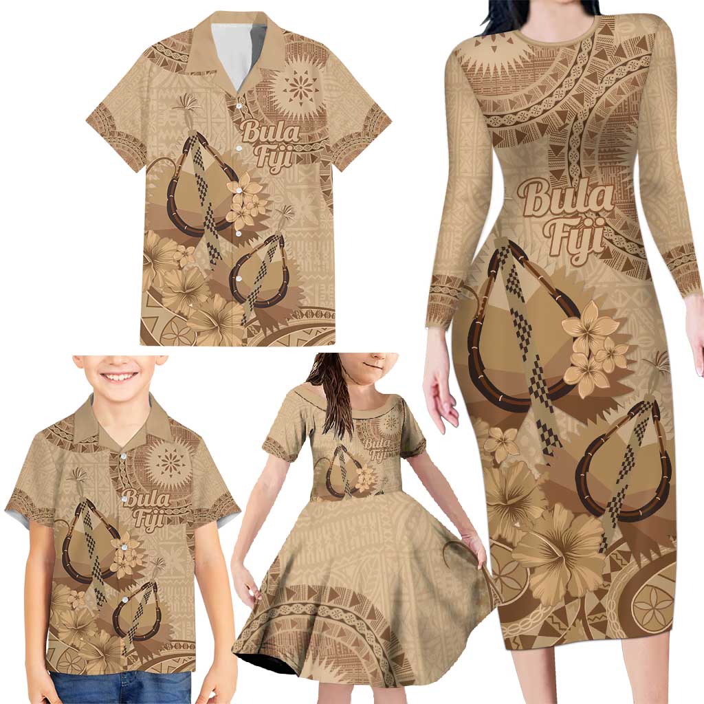 Brown Bula Fiji Family Matching Long Sleeve Bodycon Dress and Hawaiian Shirt Fijian Dance Fan Tapa Cloth Pattern LT14 - Polynesian Pride
