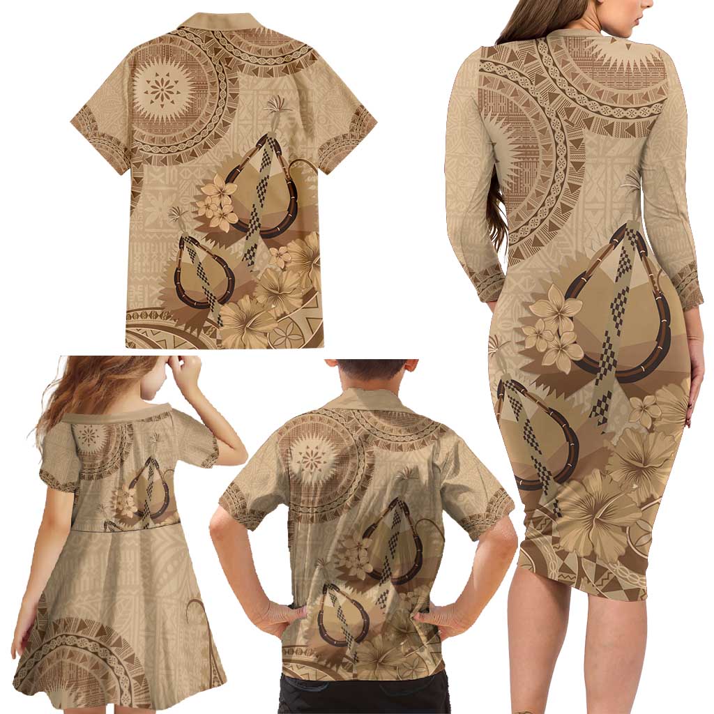Brown Bula Fiji Family Matching Long Sleeve Bodycon Dress and Hawaiian Shirt Fijian Dance Fan Tapa Cloth Pattern LT14 - Polynesian Pride