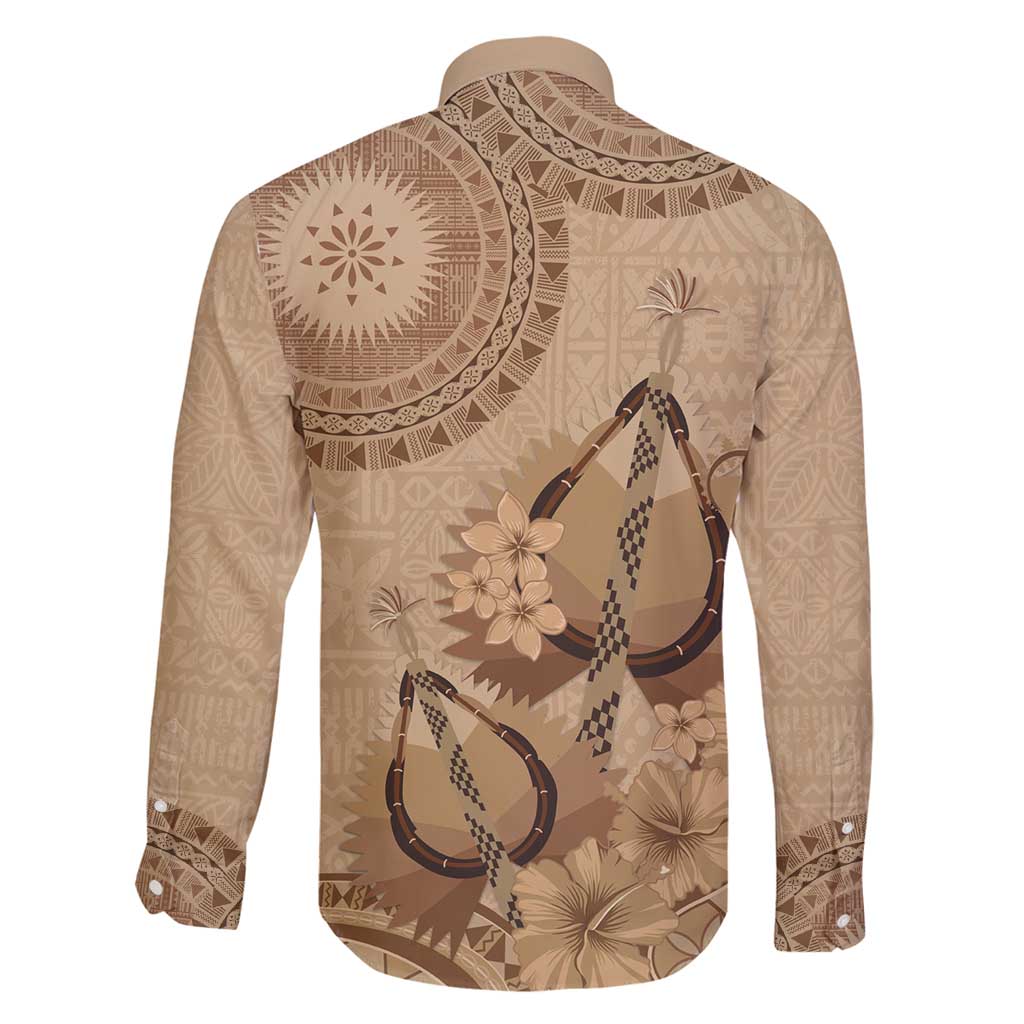 Brown Bula Fiji Family Matching Long Sleeve Bodycon Dress and Hawaiian Shirt Fijian Dance Fan Tapa Cloth Pattern LT14 - Polynesian Pride