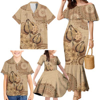 Brown Bula Fiji Family Matching Mermaid Dress and Hawaiian Shirt Fijian Dance Fan Tapa Cloth Pattern LT14 - Polynesian Pride