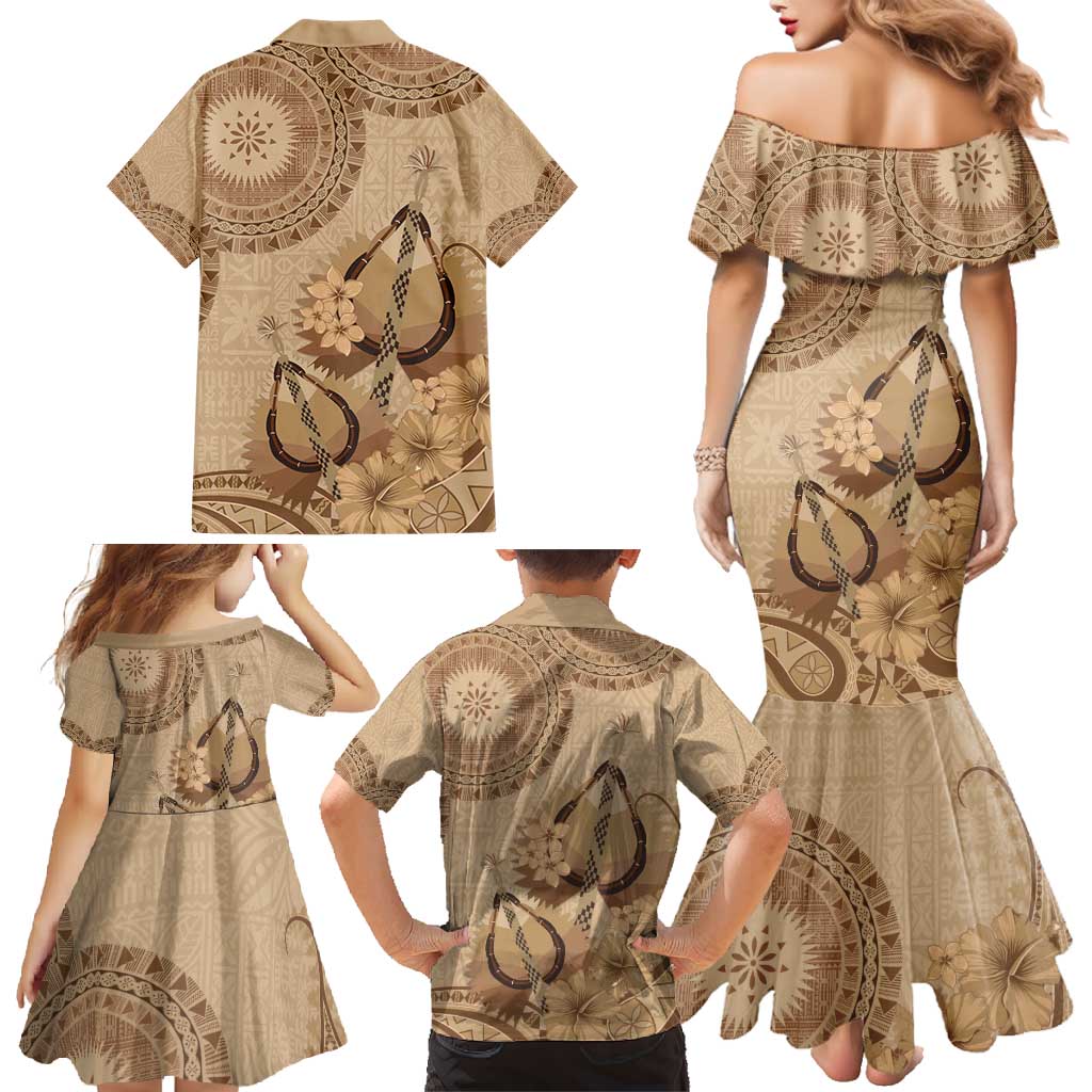 Brown Bula Fiji Family Matching Mermaid Dress and Hawaiian Shirt Fijian Dance Fan Tapa Cloth Pattern LT14 - Polynesian Pride