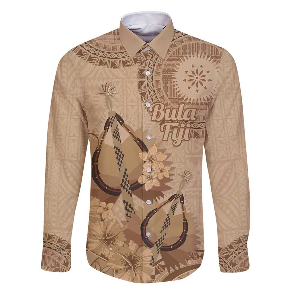 Brown Bula Fiji Family Matching Mermaid Dress and Hawaiian Shirt Fijian Dance Fan Tapa Cloth Pattern LT14 Dad's Shirt - Long Sleeve Brown - Polynesian Pride