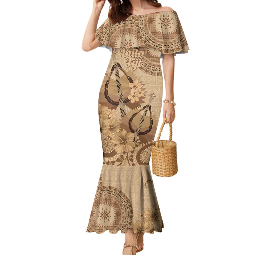 Brown Bula Fiji Family Matching Mermaid Dress and Hawaiian Shirt Fijian Dance Fan Tapa Cloth Pattern LT14 Mom's Dress Brown - Polynesian Pride