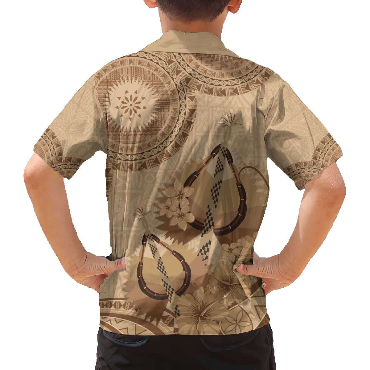 Brown Bula Fiji Family Matching Off The Shoulder Long Sleeve Dress and Hawaiian Shirt Fijian Dance Fan Tapa Cloth Pattern LT14 - Polynesian Pride