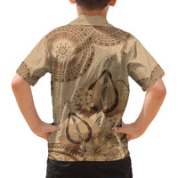 Brown Bula Fiji Family Matching Off The Shoulder Long Sleeve Dress and Hawaiian Shirt Fijian Dance Fan Tapa Cloth Pattern LT14 - Polynesian Pride