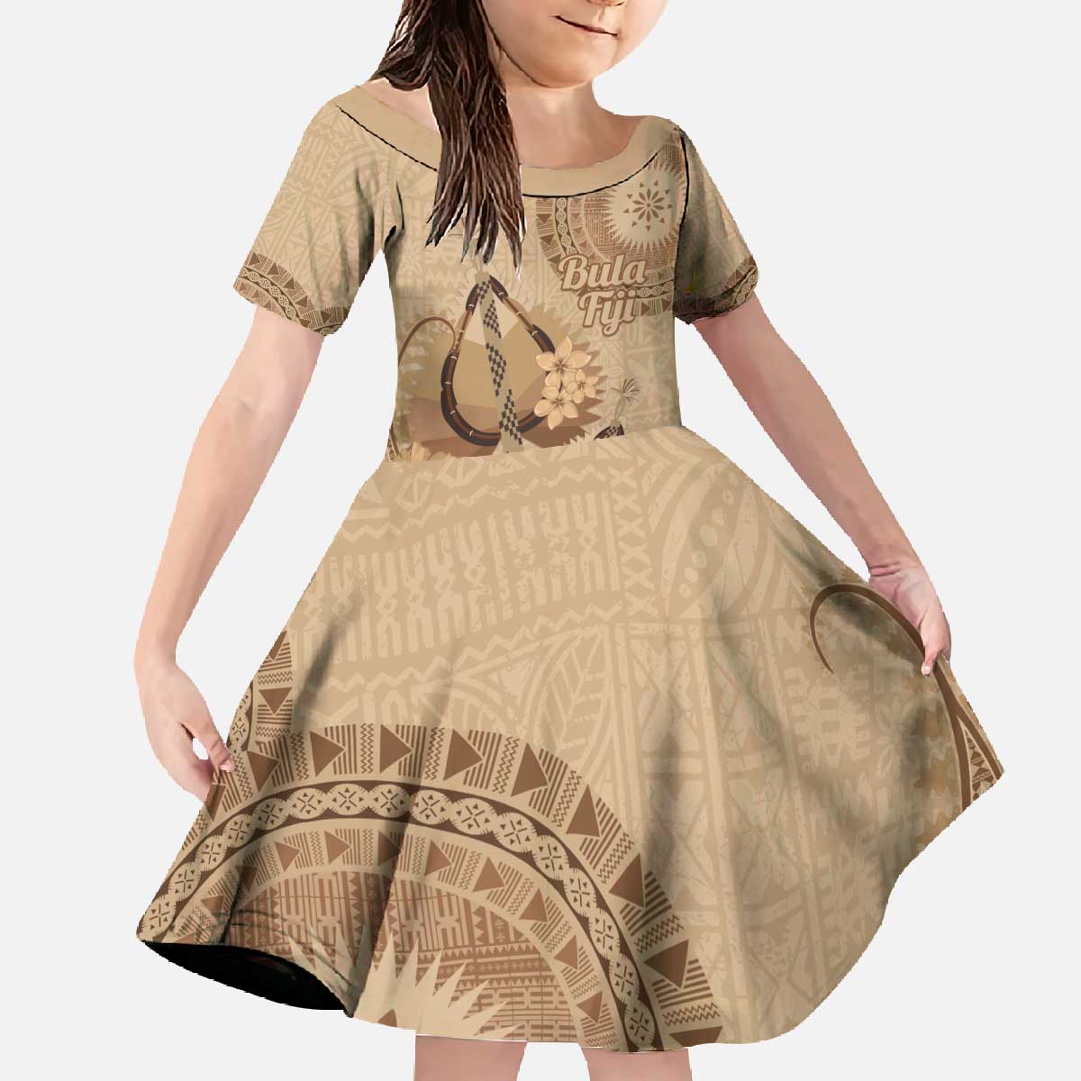 Brown Bula Fiji Family Matching Off The Shoulder Long Sleeve Dress and Hawaiian Shirt Fijian Dance Fan Tapa Cloth Pattern LT14 Daughter's Dress Brown - Polynesian Pride