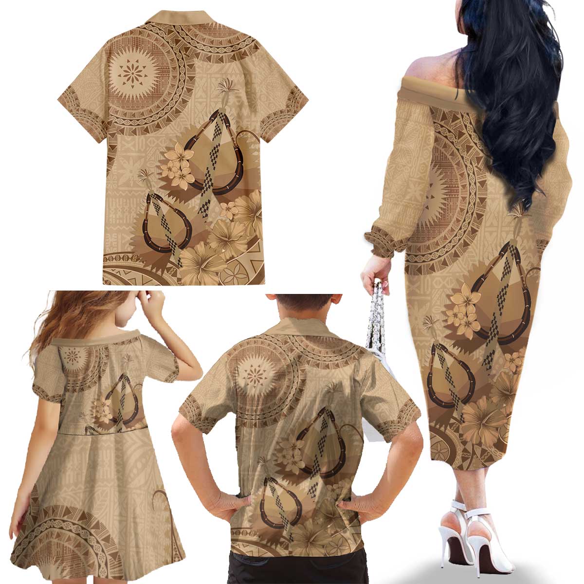 Brown Bula Fiji Family Matching Off The Shoulder Long Sleeve Dress and Hawaiian Shirt Fijian Dance Fan Tapa Cloth Pattern LT14 - Polynesian Pride