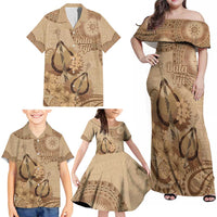 Brown Bula Fiji Family Matching Off Shoulder Maxi Dress and Hawaiian Shirt Fijian Dance Fan Tapa Cloth Pattern LT14 - Polynesian Pride
