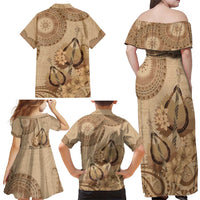 Brown Bula Fiji Family Matching Off Shoulder Maxi Dress and Hawaiian Shirt Fijian Dance Fan Tapa Cloth Pattern LT14 - Polynesian Pride