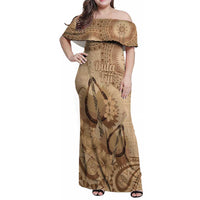 Brown Bula Fiji Family Matching Off Shoulder Maxi Dress and Hawaiian Shirt Fijian Dance Fan Tapa Cloth Pattern LT14 Mom's Dress Brown - Polynesian Pride