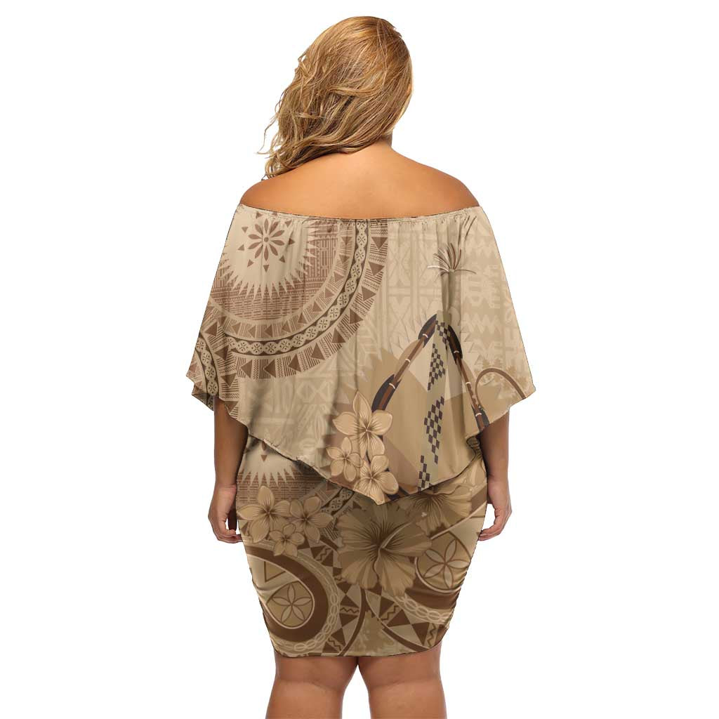 Brown Bula Fiji Family Matching Off Shoulder Short Dress and Hawaiian Shirt Fijian Dance Fan Tapa Cloth Pattern LT14 - Polynesian Pride