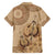 Brown Bula Fiji Family Matching Short Sleeve Bodycon Dress and Hawaiian Shirt Fijian Dance Fan Tapa Cloth Pattern