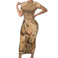 Brown Bula Fiji Family Matching Short Sleeve Bodycon Dress and Hawaiian Shirt Fijian Dance Fan Tapa Cloth Pattern LT14 Mom's Dress Brown - Polynesian Pride