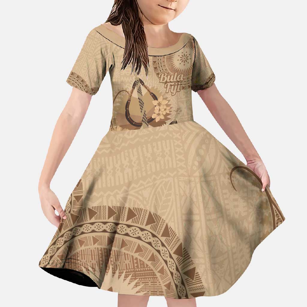 Brown Bula Fiji Family Matching Summer Maxi Dress and Hawaiian Shirt Fijian Dance Fan Tapa Cloth Pattern LT14 Daughter's Dress Brown - Polynesian Pride