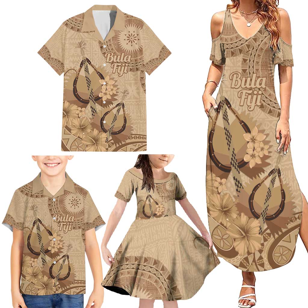 Brown Bula Fiji Family Matching Summer Maxi Dress and Hawaiian Shirt Fijian Dance Fan Tapa Cloth Pattern LT14 - Polynesian Pride