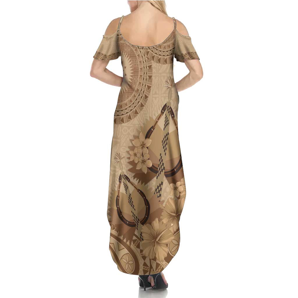 Brown Bula Fiji Family Matching Summer Maxi Dress and Hawaiian Shirt Fijian Dance Fan Tapa Cloth Pattern LT14 - Polynesian Pride
