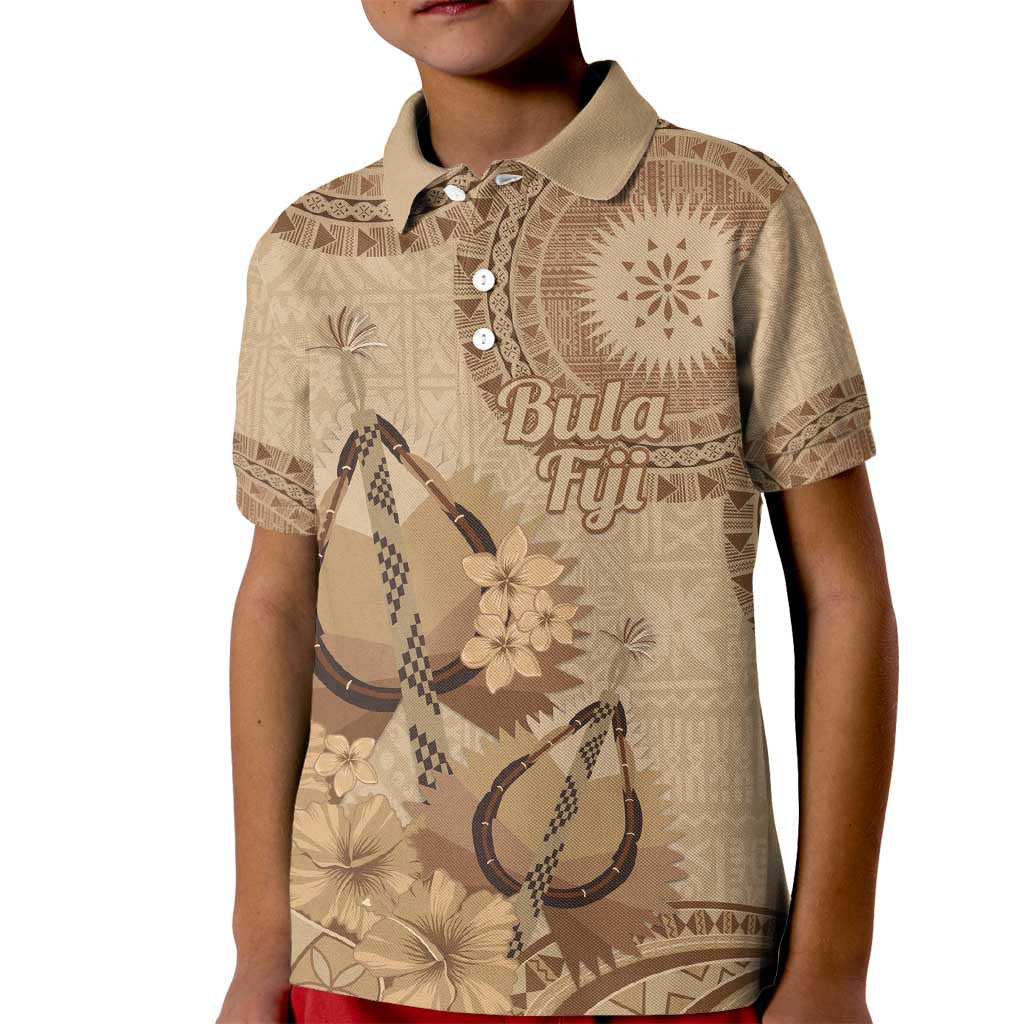 Brown Bula Fiji Kid Polo Shirt Fijian Dance Fan Tapa Cloth Pattern