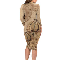 Brown Bula Fiji Long Sleeve Bodycon Dress Fijian Dance Fan Tapa Cloth Pattern