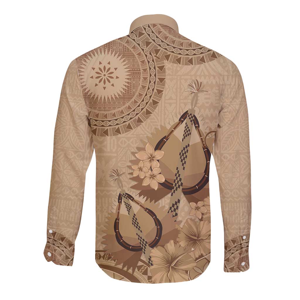 Brown Bula Fiji Long Sleeve Button Shirt Fijian Dance Fan Tapa Cloth Pattern