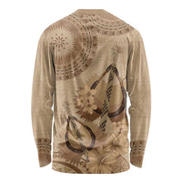 Brown Bula Fiji Long Sleeve Shirt Fijian Dance Fan Tapa Cloth Pattern