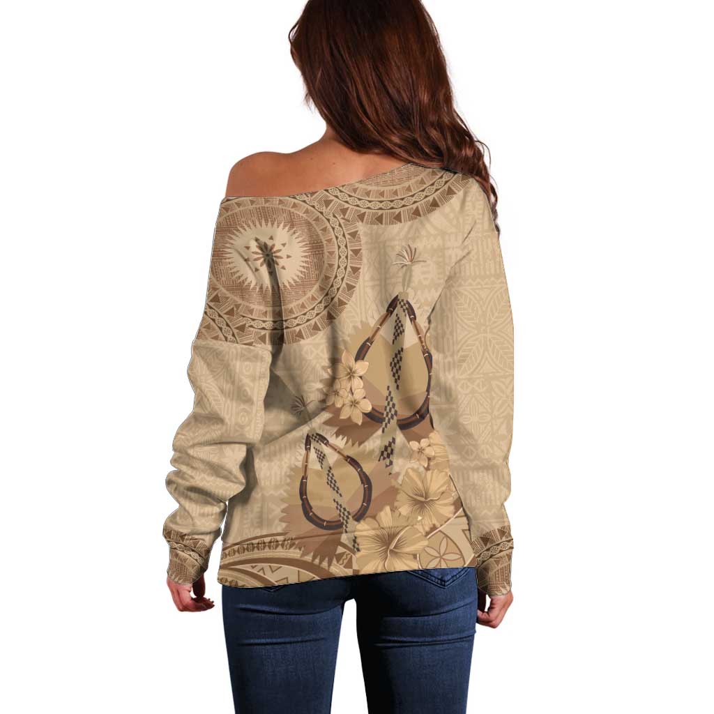 Brown Bula Fiji Off Shoulder Sweater Fijian Dance Fan Tapa Cloth Pattern