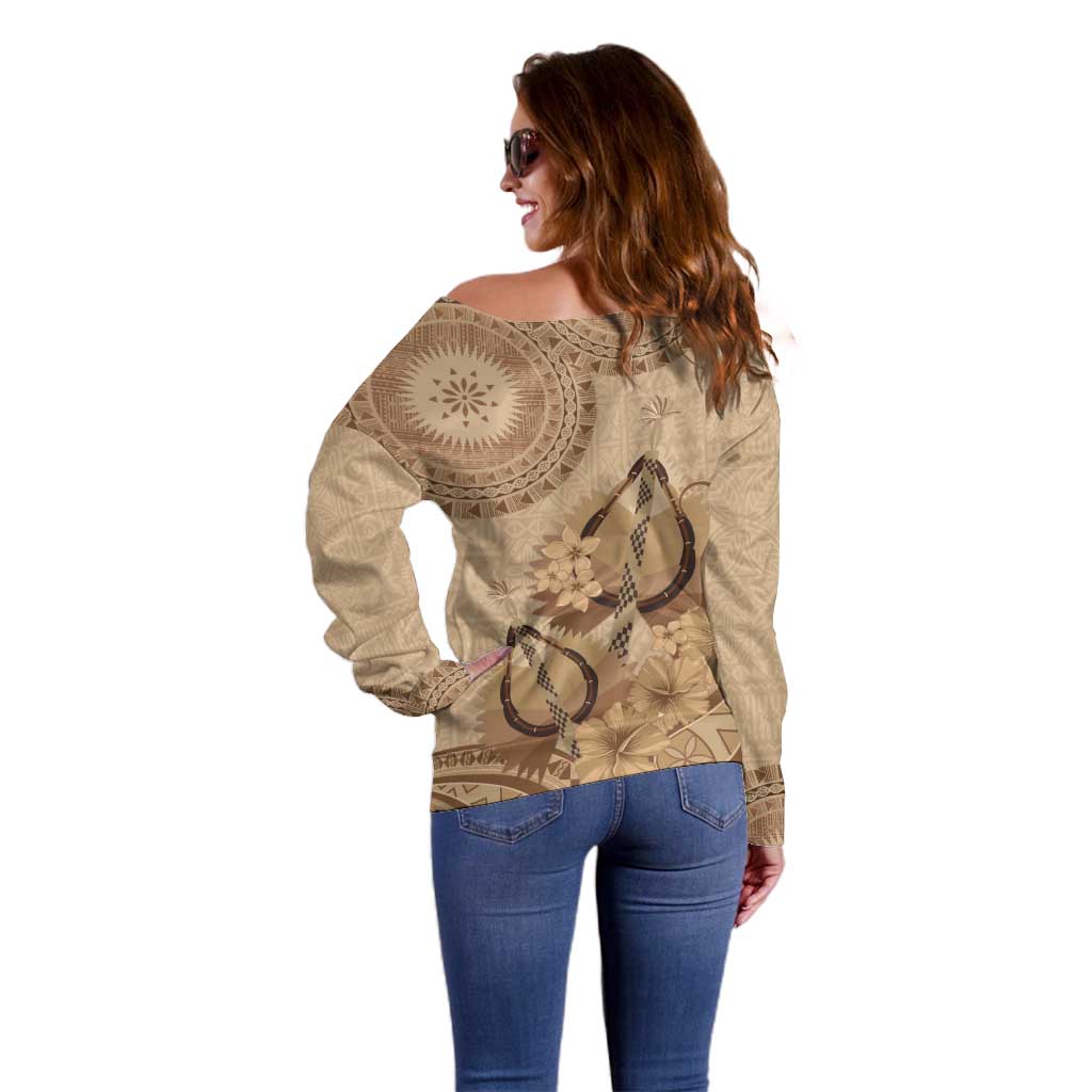 Brown Bula Fiji Off Shoulder Sweater Fijian Dance Fan Tapa Cloth Pattern