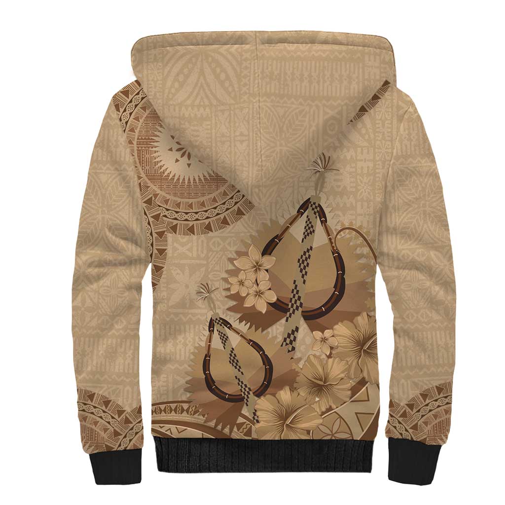 Brown Bula Fiji Sherpa Hoodie Fijian Dance Fan Tapa Cloth Pattern
