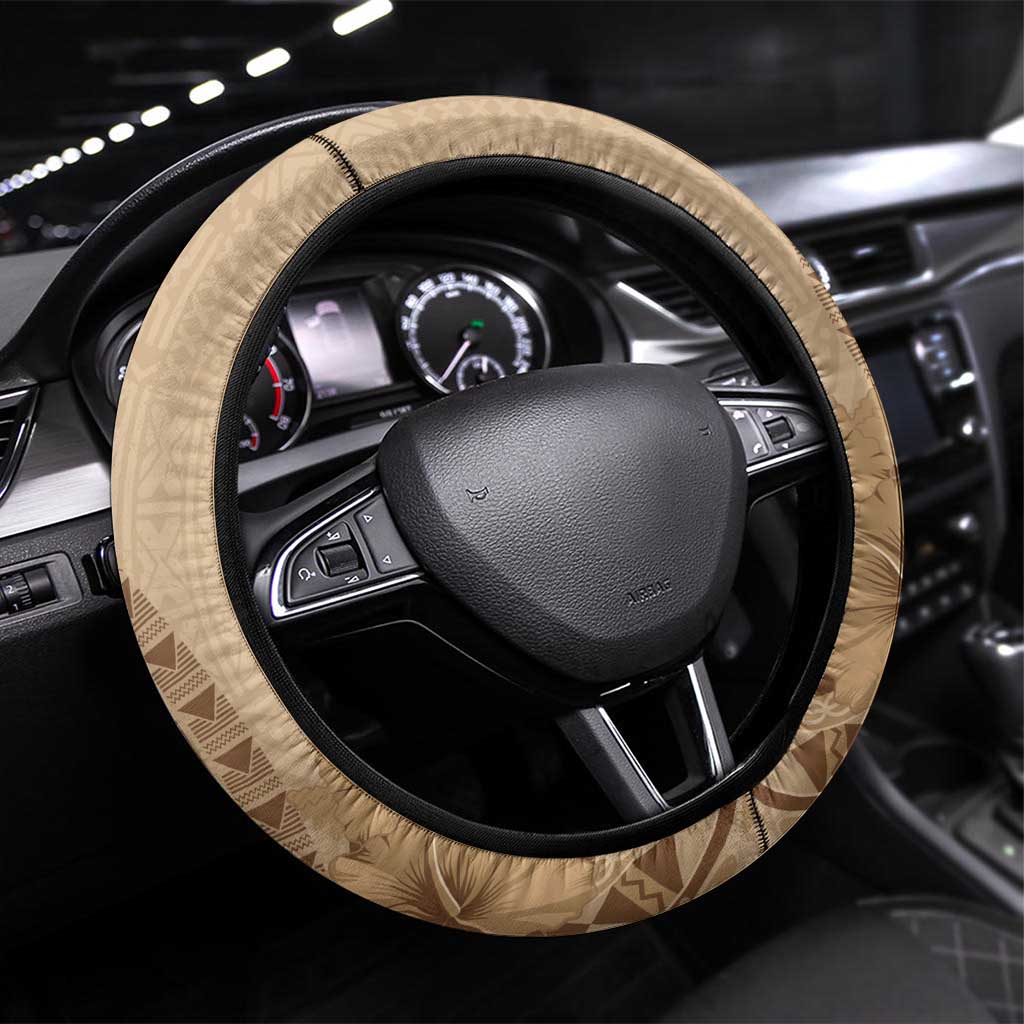 Brown Bula Fiji Steering Wheel Cover Fijian Dance Fan Tapa Cloth Pattern