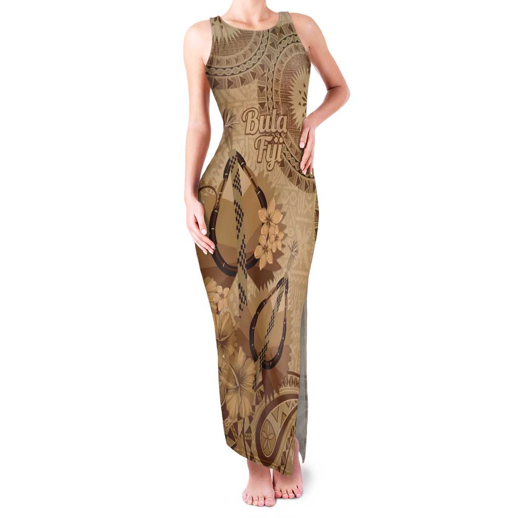 Brown Bula Fiji Tank Maxi Dress Fijian Dance Fan Tapa Cloth Pattern