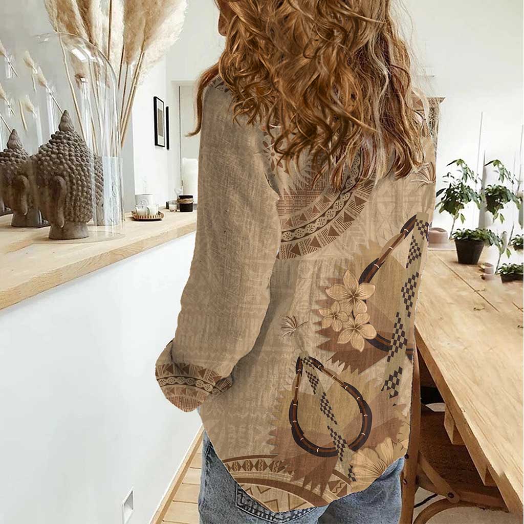 Brown Bula Fiji Women Casual Shirt Fijian Dance Fan Tapa Cloth Pattern