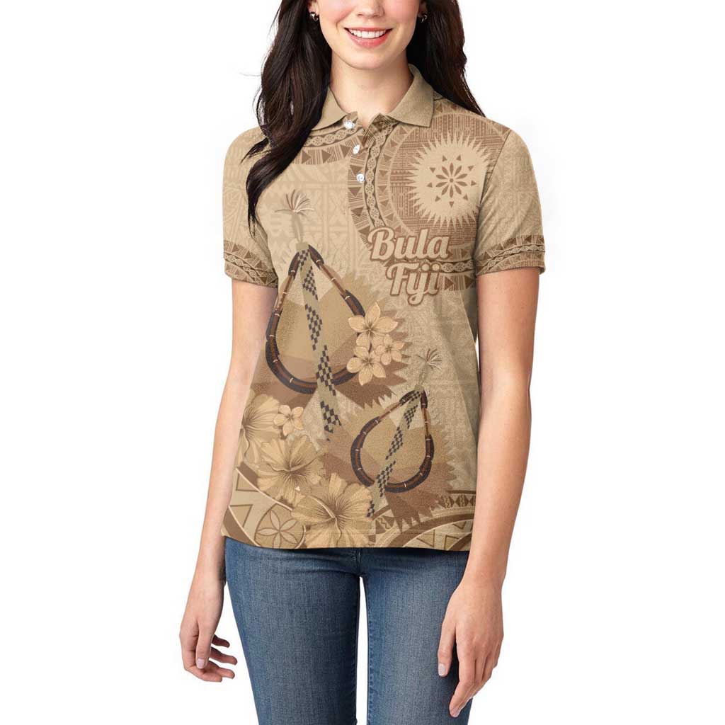 Brown Bula Fiji Women Polo Shirt Fijian Dance Fan Tapa Cloth Pattern