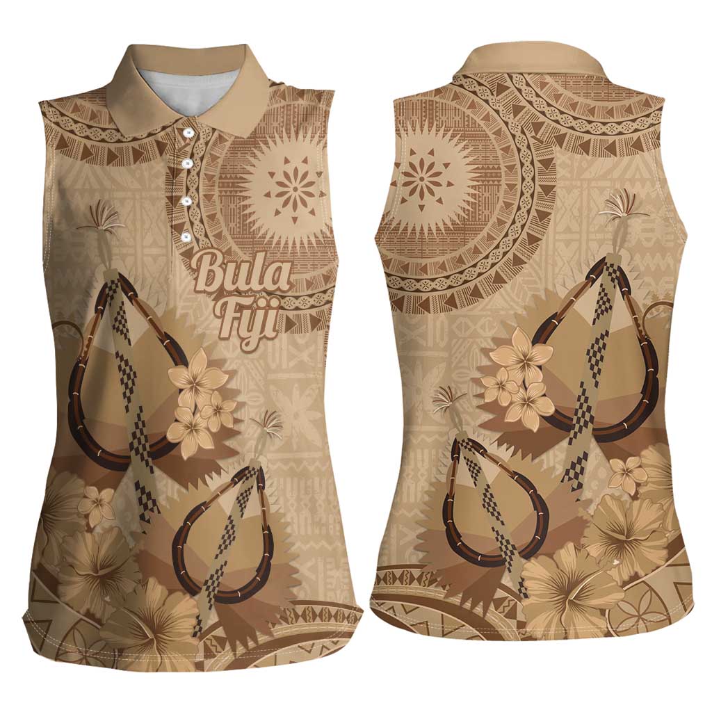 Brown Bula Fiji Women Sleeveless Polo Shirt Fijian Dance Fan Tapa Cloth Pattern