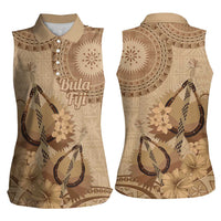 Brown Bula Fiji Women Sleeveless Polo Shirt Fijian Dance Fan Tapa Cloth Pattern