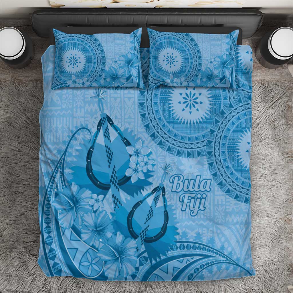 Blue Bula Fiji Bedding Set Fijian Dance Fan Tapa Cloth Pattern
