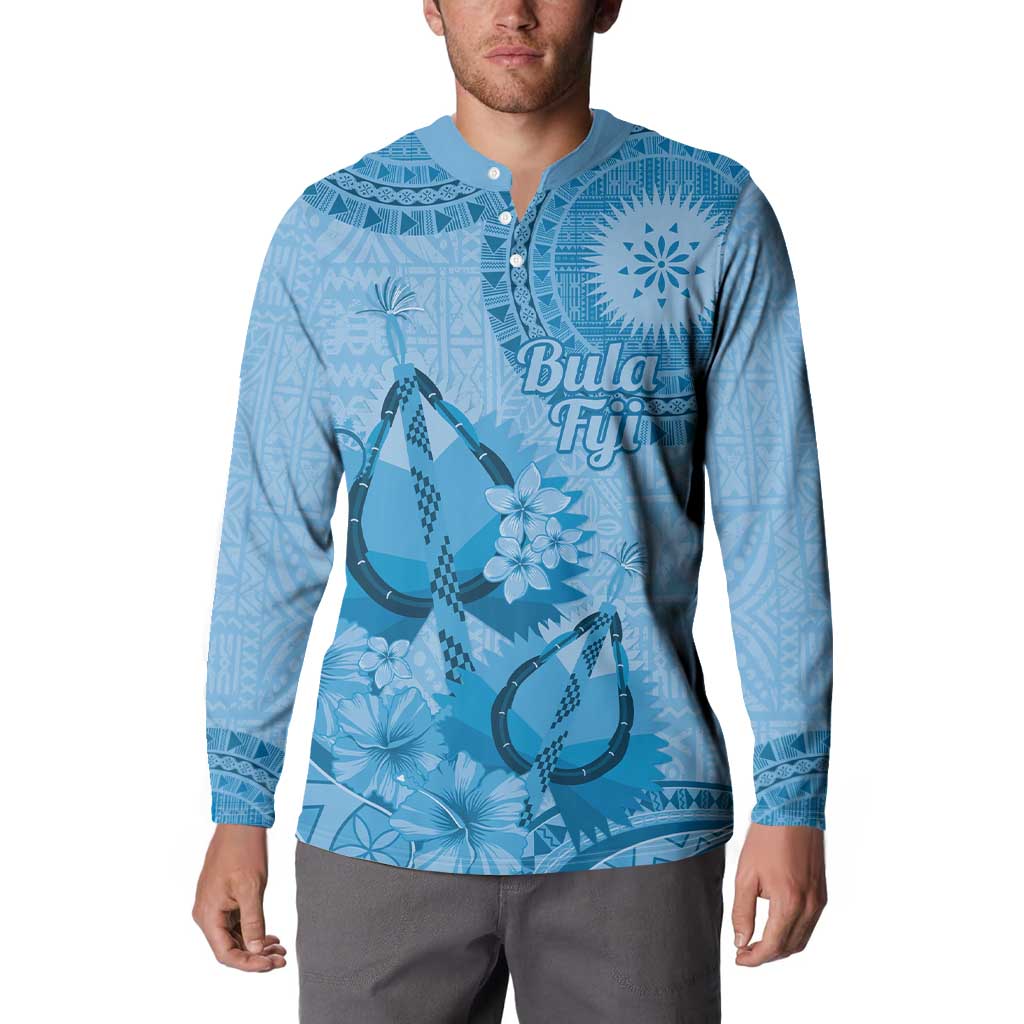 Blue Bula Fiji Button Sweatshirt Fijian Dance Fan Tapa Cloth Pattern