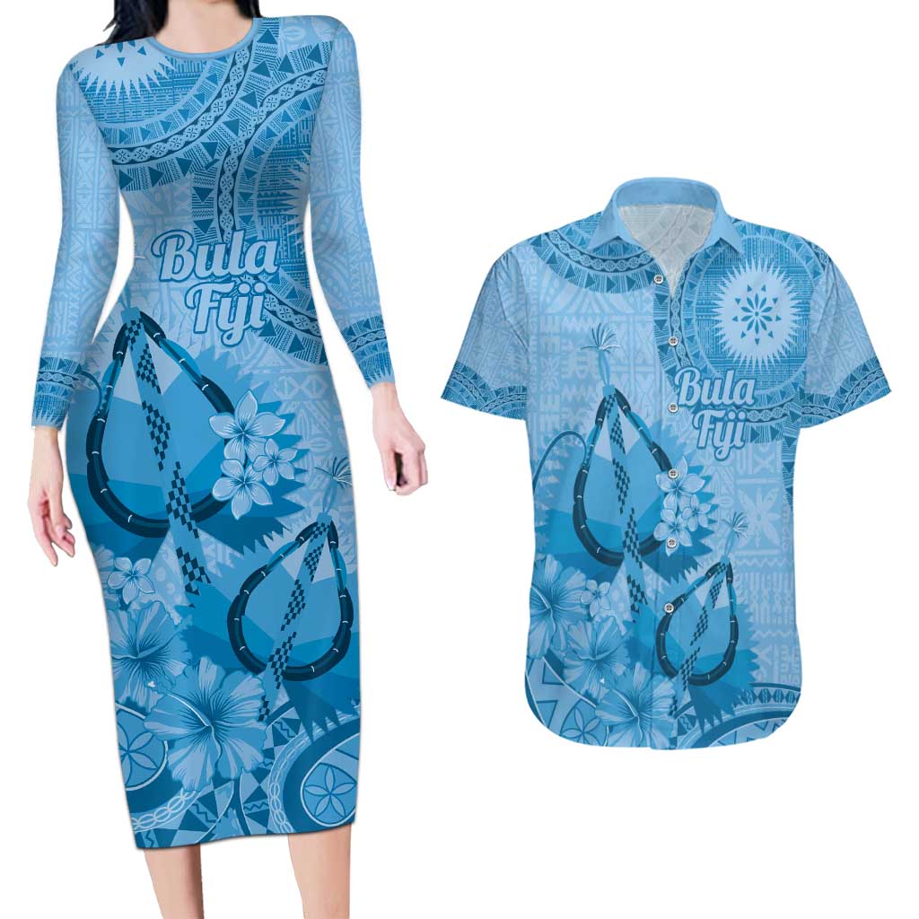 Blue Bula Fiji Couples Matching Long Sleeve Bodycon Dress and Hawaiian Shirt Fijian Dance Fan Tapa Cloth Pattern LT14 Blue - Polynesian Pride